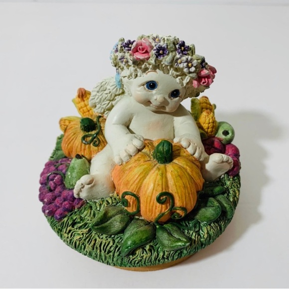 2001 Dreamsicles Pumpkin Fall Autumn Cherubs Angels Candle Jar Topper - Picture 6 of 10